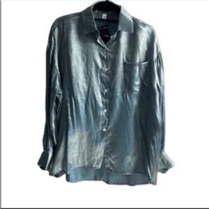 NWT oversized bright Iridescent blue button down long sleeve shirt. Size Small